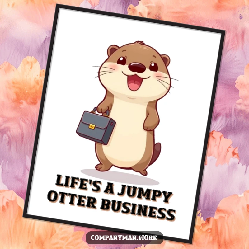 Funny Free Printable Wall Art: A cheerful otter holding a miniature briefcase excitedly jumps up and down, radiating happiness.