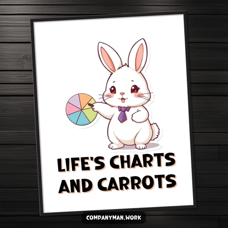 Funny Free Printable Wall Art: A small rabbit wearing a tiny tie enthusiastically points at a pie chart, presenting data humorously.