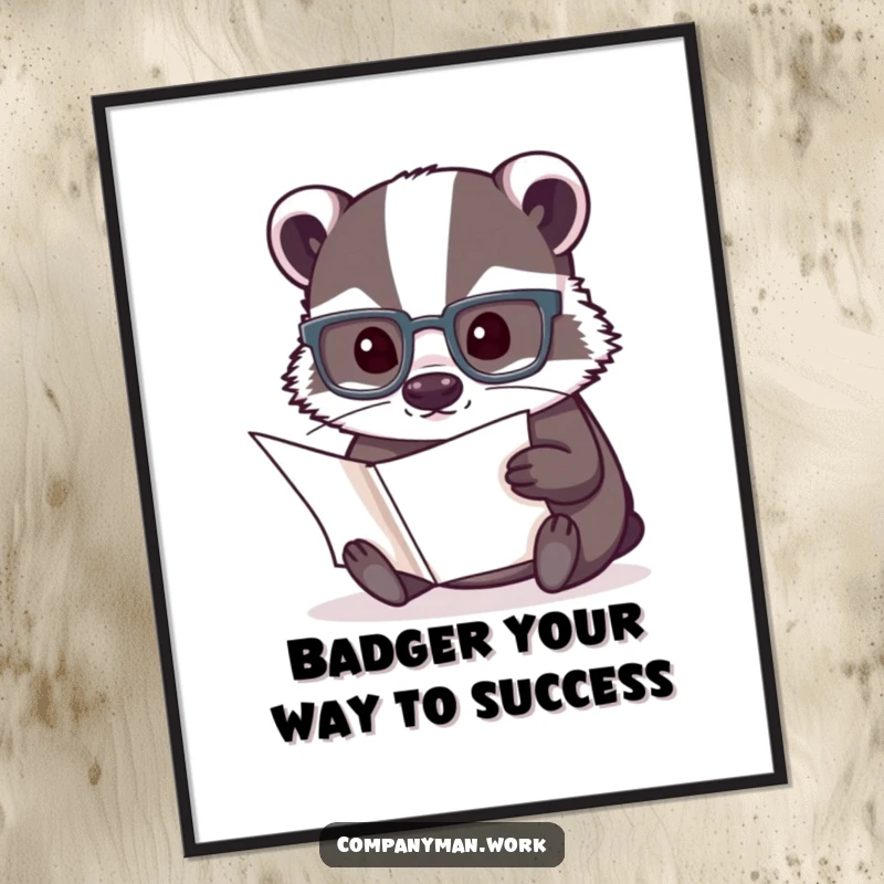 Funny Free Printable Wall Art featuring a badger wearing reading glasses, engrossed in a document, bringing scholarly humor.