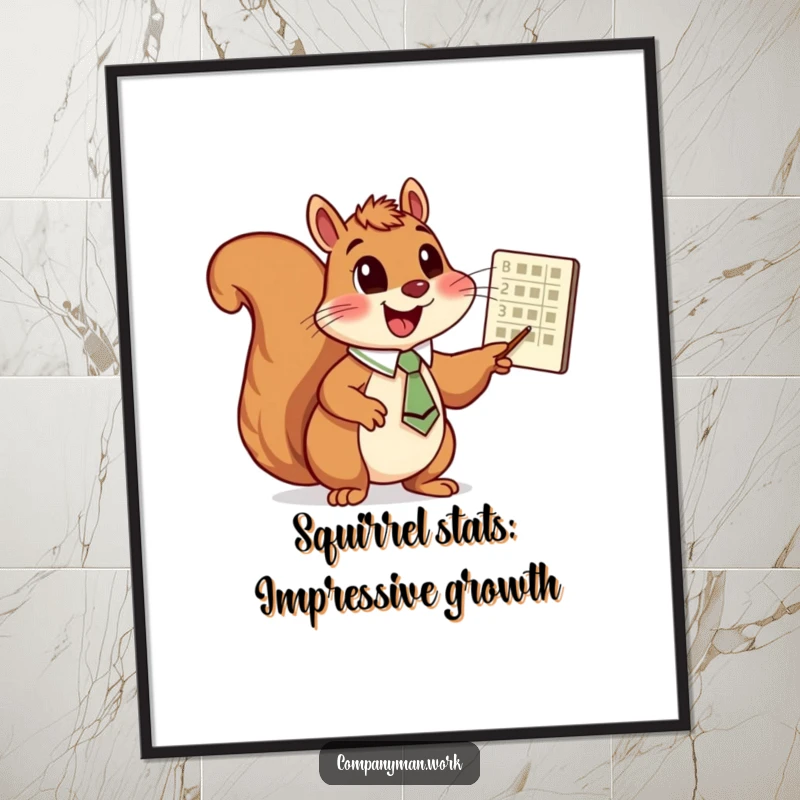 Funny Free Printable Wall Art: Cheerful squirrel in a tie enthusiastically points at a financial or progress chart showing success.
