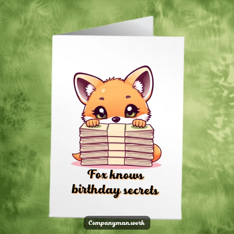 Funny Free Printable Birthday Card: Curious fox cub peeking inquisitively over a towering stack of important documents for a birthday.