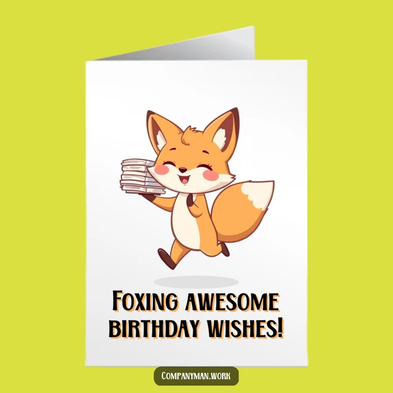 Free Printable Fox Birthday Card: Funny Fox Skipping with Papers - Downloadable Fun Gift