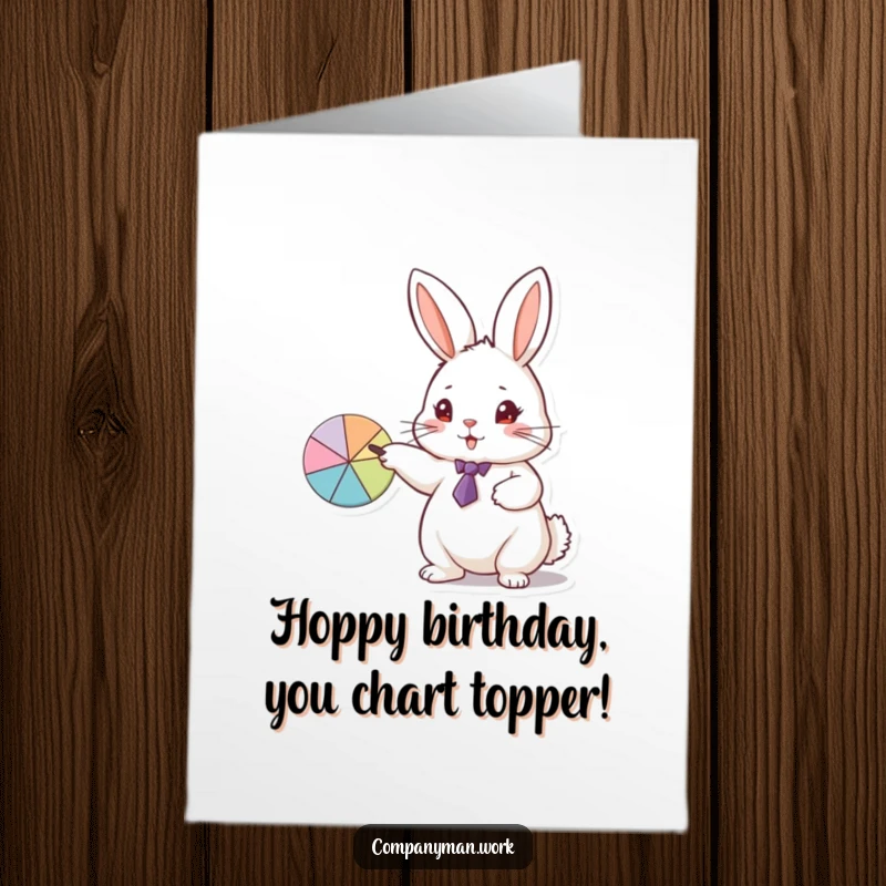 Funny Free Printable Birthday Card: Small rabbit in a tie points at pie chart, enthusiastically sharing data with a smile.