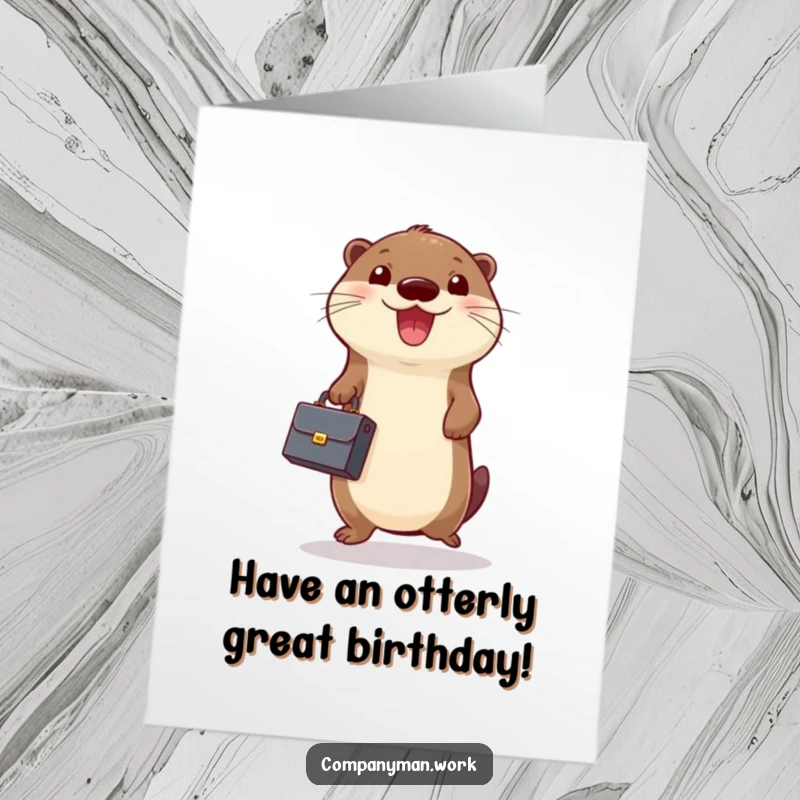 Funny Free Printable Birthday Card: Cheerful otter bounces excitedly holding a tiny briefcase, ready for birthday fun.