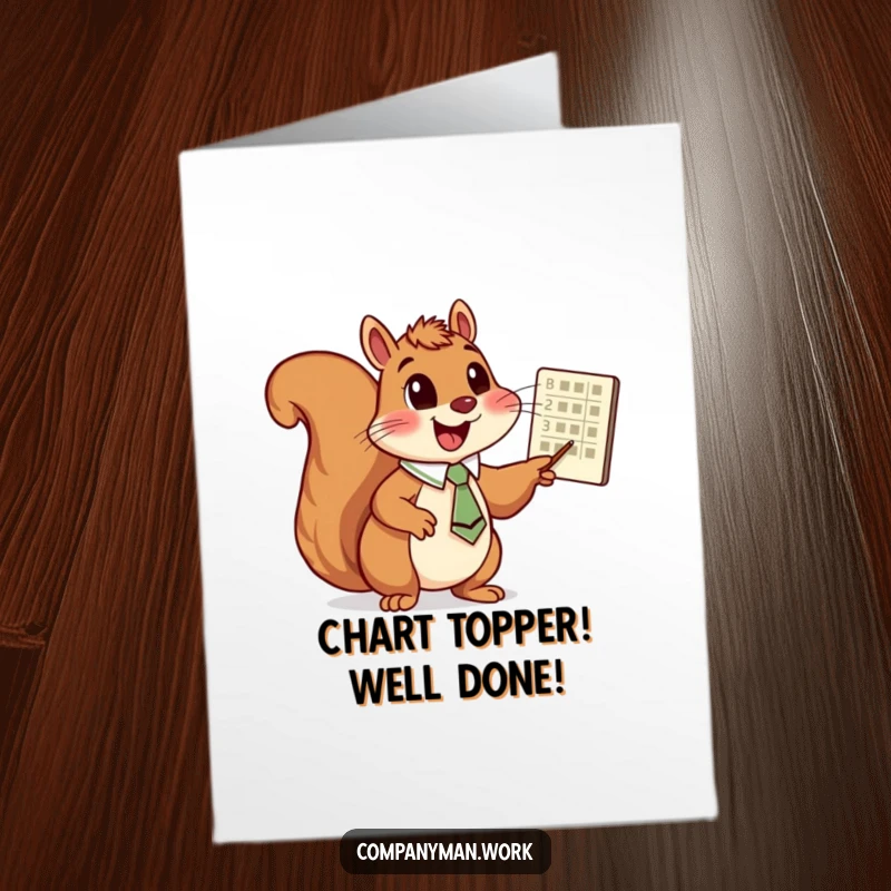 Funny Free Printable Congrats Card: A cheerful squirrel in a small tie enthusiastically points to a chart showing upward growth.