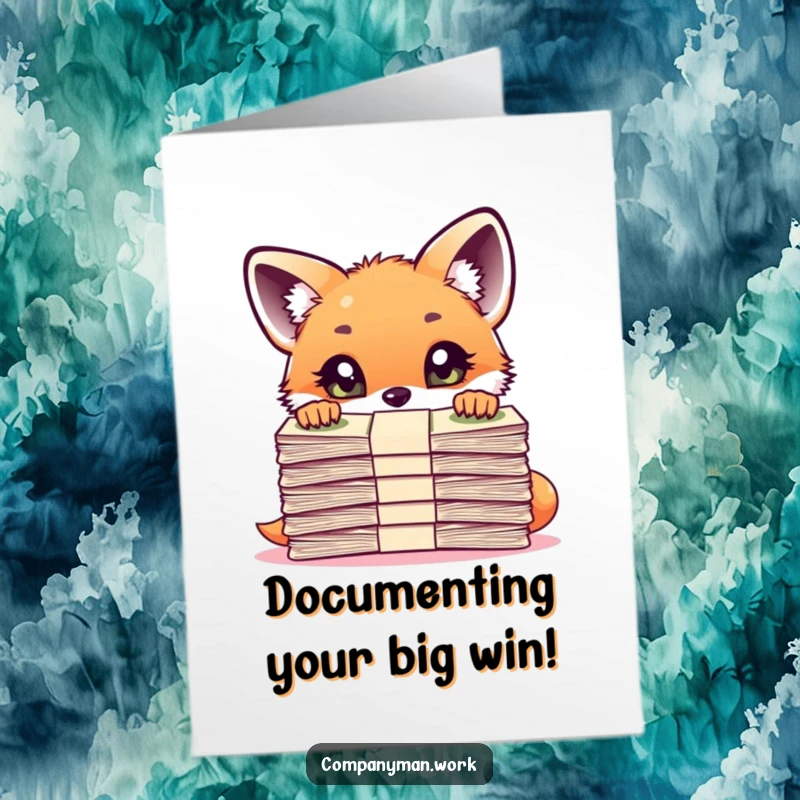 Funny Free Printable Congrats Card: Inquisitive fox cub peering over a large pile of official documents, symbolizing success.