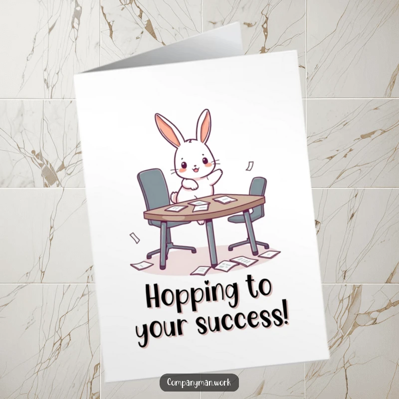 Funny Free Printable Congrats Card: Mischievous bunny invades a small conference table, scattering documents with playful energy.