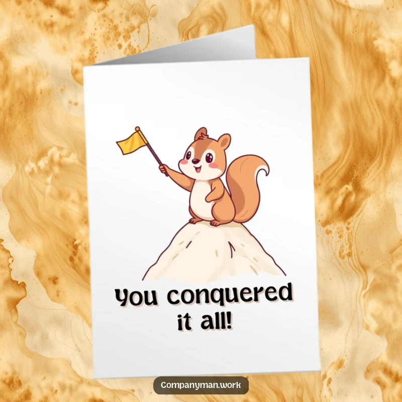 Funny Free Printable Congratulations Card with a squirrel triumphantly waving a flag atop a summit, celebrating success.