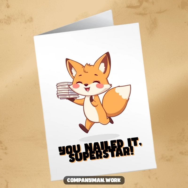Funny Free Printable Congratulations Card: A joyful fox happily skipping with a massive stack of papers, celebrating achievements.
