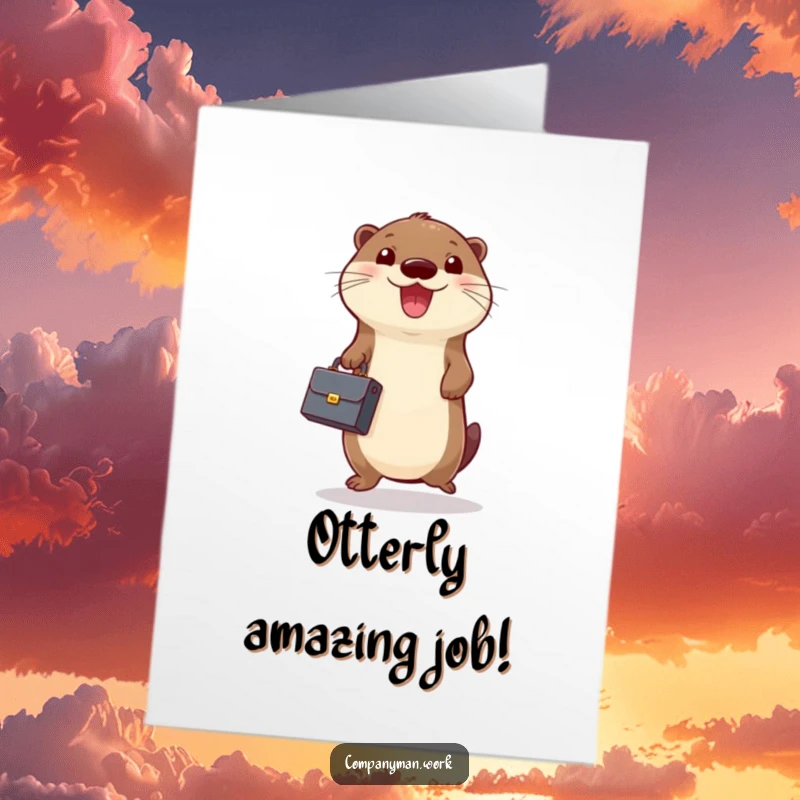 Funny Free Printable Congratulations Card: Cheerful otter jumps with a miniature briefcase, showing enthusiastic celebration of achievement.