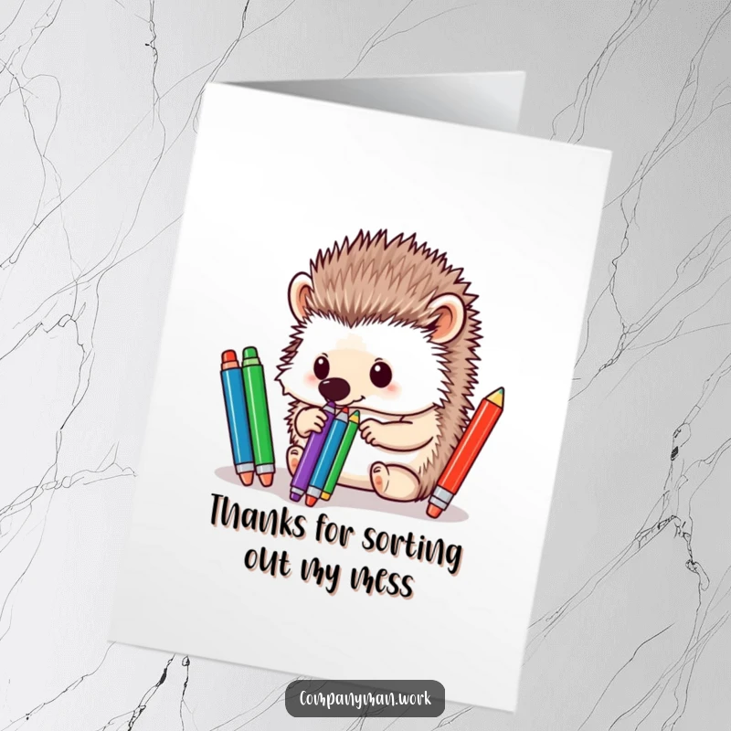 Funny Free Printable Thank You Card: Hedgehog precisely sorting pens with its nose, a delightful downloadable gift.