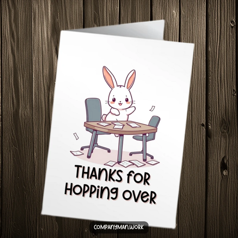 Funny Free Printable Thank You Card: Energetic bunny hopping onto a mini conference table, scattering papers with a thank you.