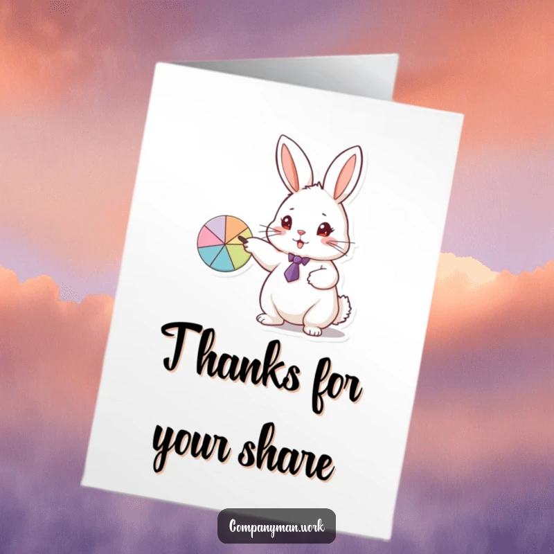Funny Free Printable Thank You Card: Rabbit in a tie enthusiastically points at a pie chart, a humorous way to say thanks.
