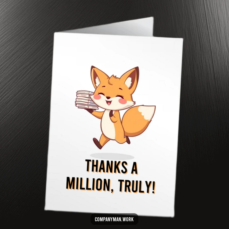 Funny Free Printable Thank You Card: A joyful fox merrily skipping while balancing a tall stack of papers, expressing thanks.