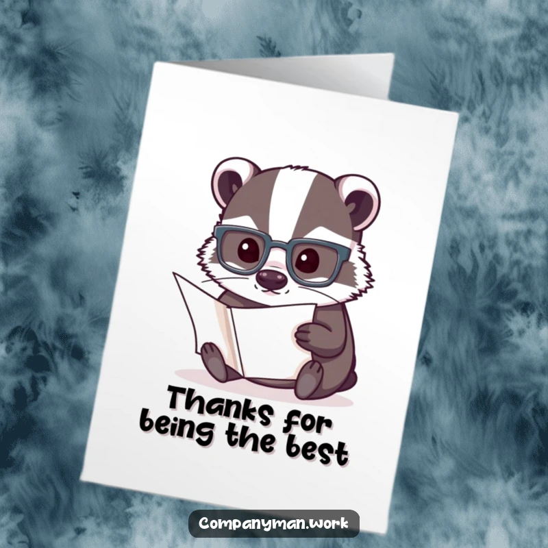 Funny Free Printable Thank You Card of a badger in reading glasses, holding a document with a grateful expression.