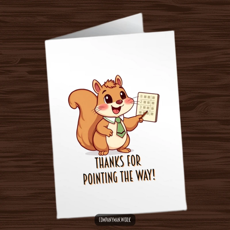 Funny Free Printable Thank You Card: A cheerful squirrel in a tie enthusiastically points at a chart indicating positive results.