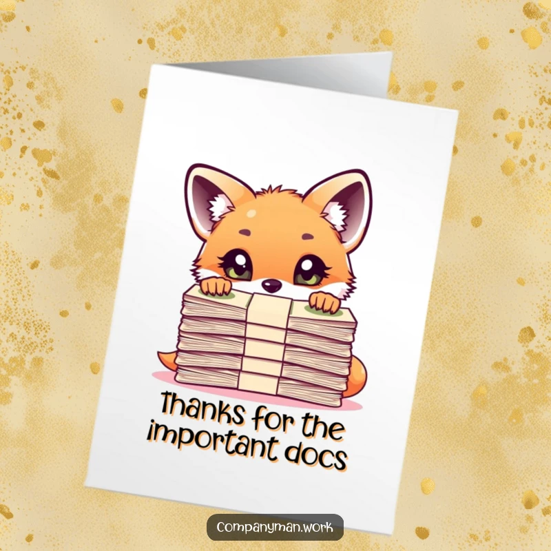 Funny Free Printable Thank You Card: Curious fox cub peeking over a large stack of papers, offering thanks.