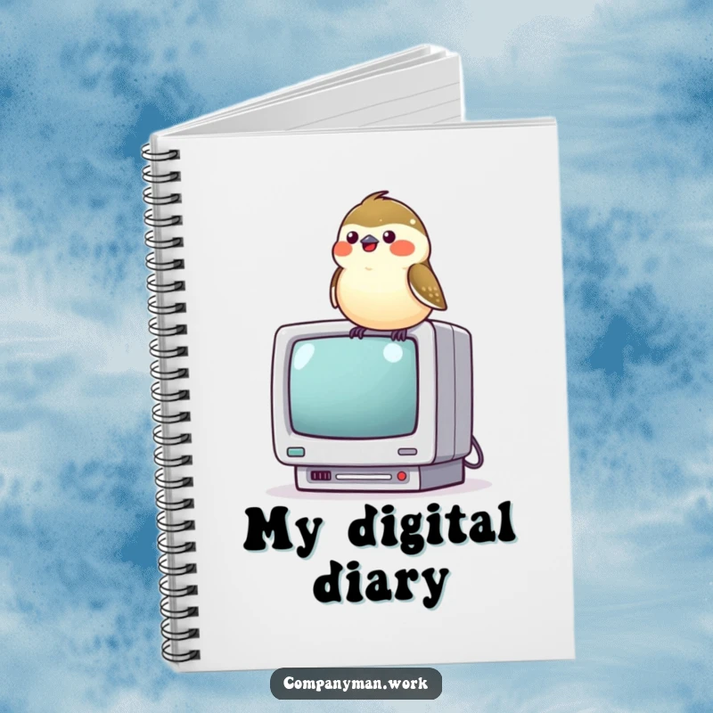 Funny chickadee perched on a miniature computer monitor, chirping joyfully, inspiring creativity and tech humor in this notebook.