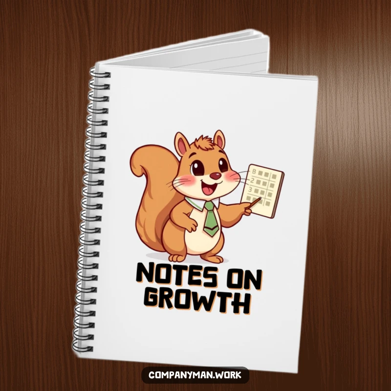 Funny squirrel with a tie pointing at a chart, on a notebook, ideal for a funny gift and note-taking.