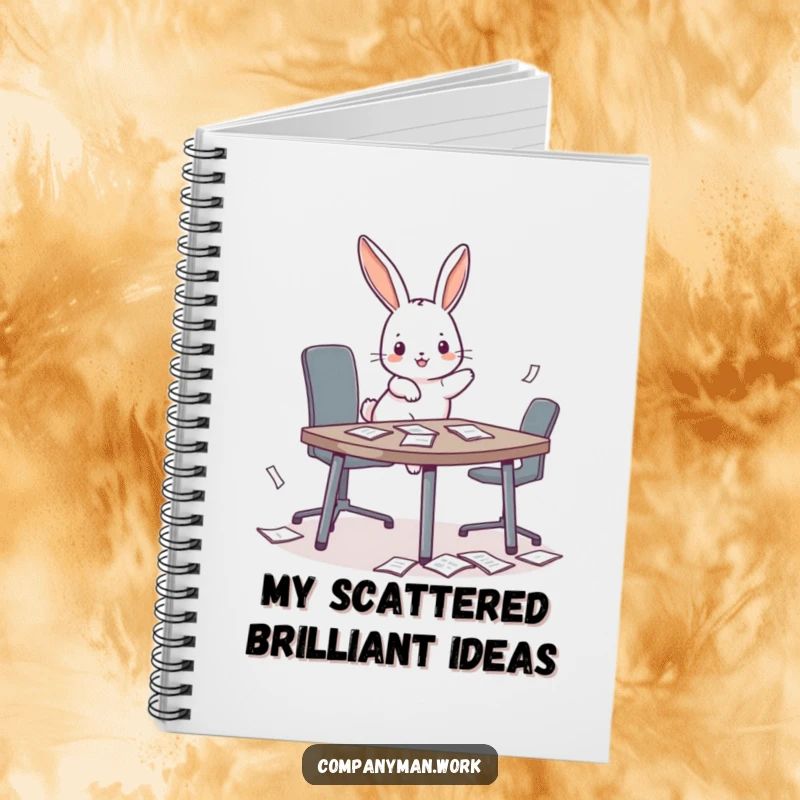 Funny playful bunny hopping onto a miniature conference table, scattering papers on a notebook cover, symbolizing playful note-taking.