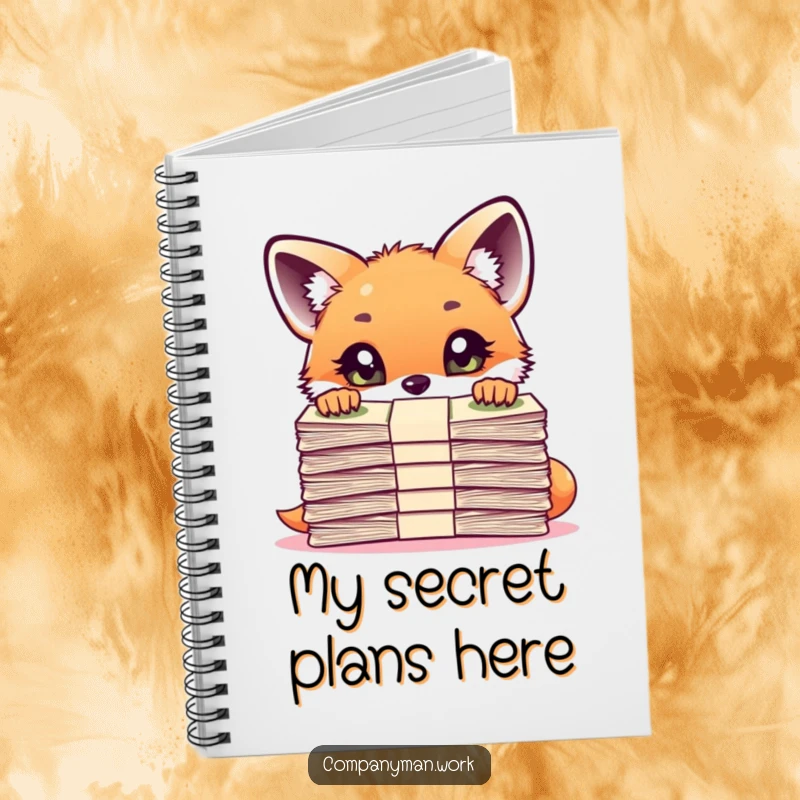 Funny curious fox cub peering over a large stack of important documents on a notebook cover, symbolizing observational note-taking.