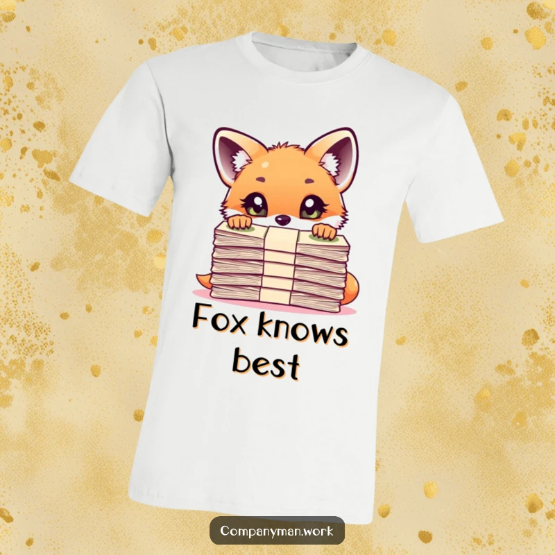 Funny curious fox cub peering over a large stack of important documents on a t-shirt, symbolizing playful investigation.