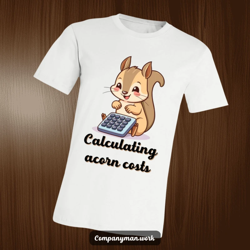 Funny squirrel intensely focused on a tiny calculator, embodying office humor and adorable woodland creature vibes.