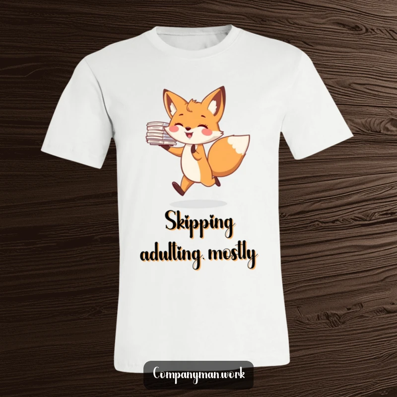 Funny t-shirt with a joyful fox character skipping merrily, balancing a precarious stack of office papers. A humorous depiction of workload.