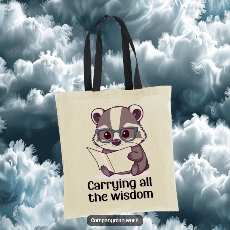 Funny tote bag with a determined badger wearing reading glasses, reviewing a document, ideal for a smart and stylish carry.