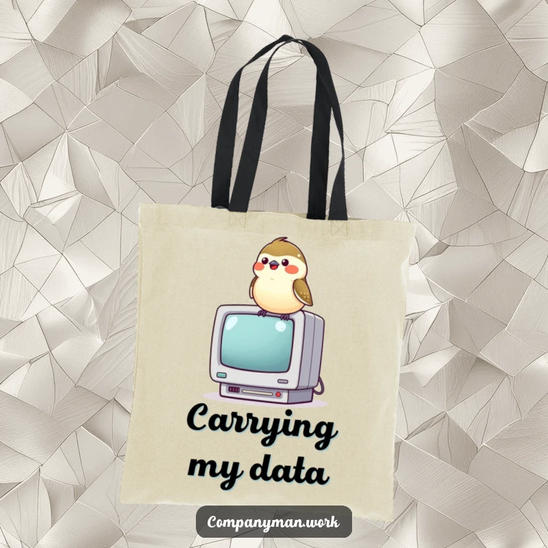 Funny chickadee perched on a miniature computer monitor, chirping joyfully, making this tote bag a cute and humorous accessory.