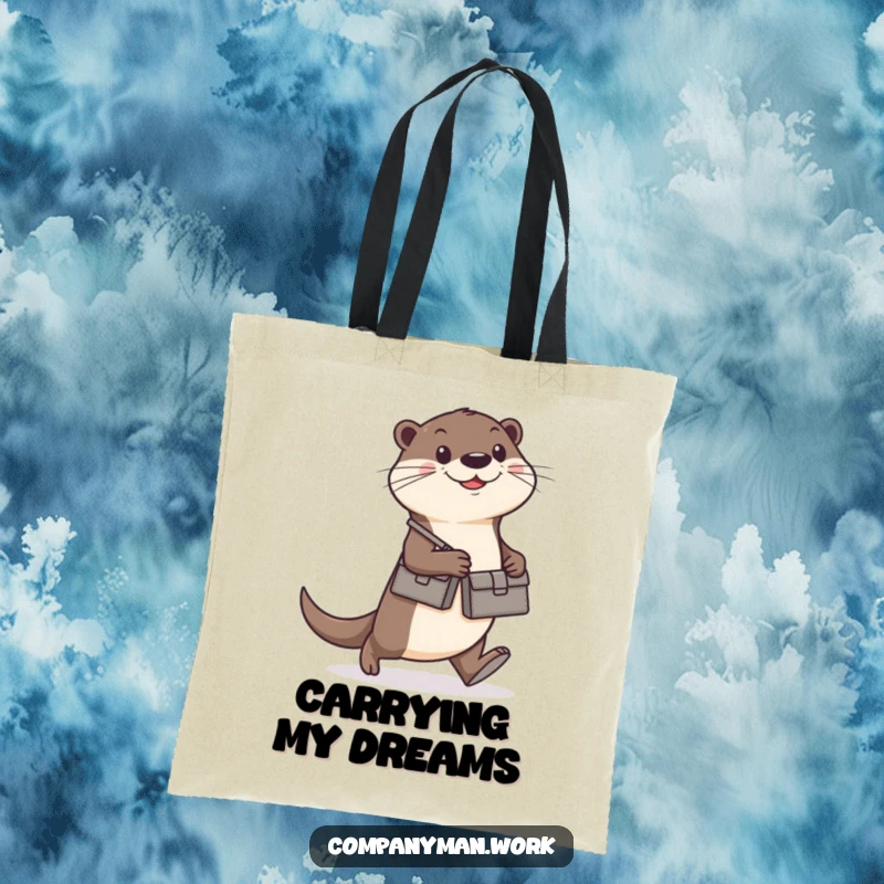 Funny otter with a briefcase walking briskly, on a durable tote bag, excellent funny gift accessory.