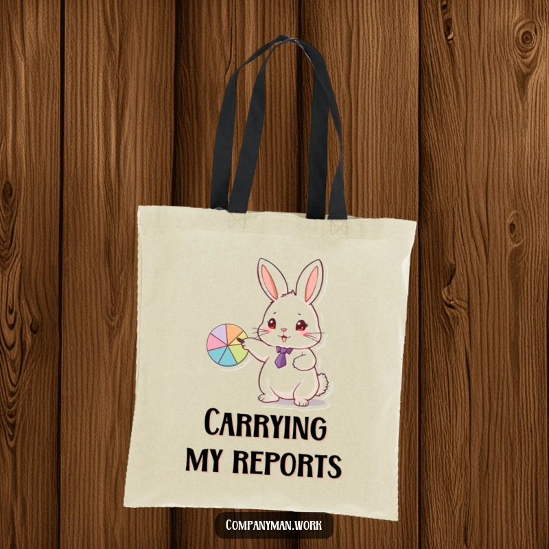 Funny tote bag featuring a fluffy rabbit in a tiny tie pointing at a pie chart, a charming business accessory.