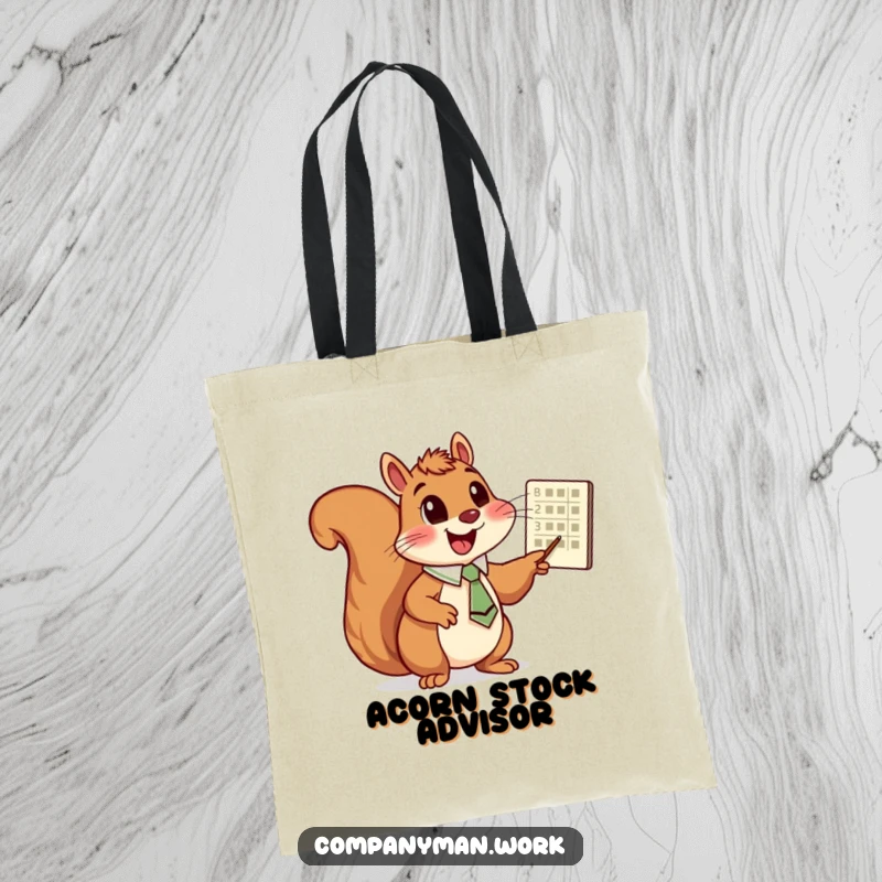 Funny squirrel with a suit pointing at a chart, on a durable tote bag, excellent funny gift accessory.