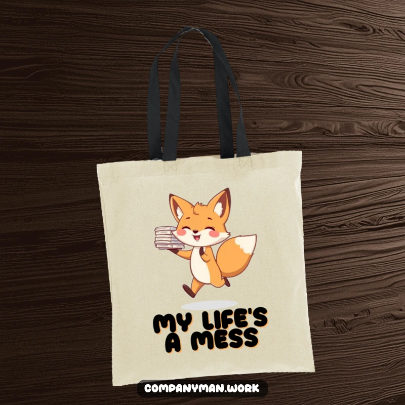 Funny tote bag with a joyful fox character skipping merrily while balancing a stack of papers. A practical yet humorous accessory.